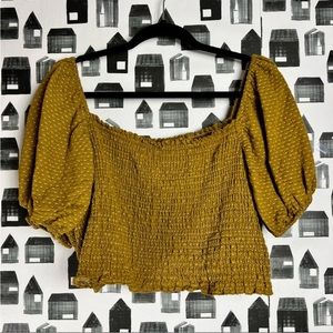Wild Fable Baby Doll Cropped Blouse Mustard Yellow W/ white stitching